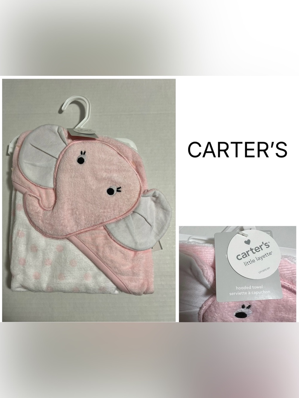 CARTER’S - NWT - INFANT GIRLS PINK HOODED ELEPHANT TOWEL